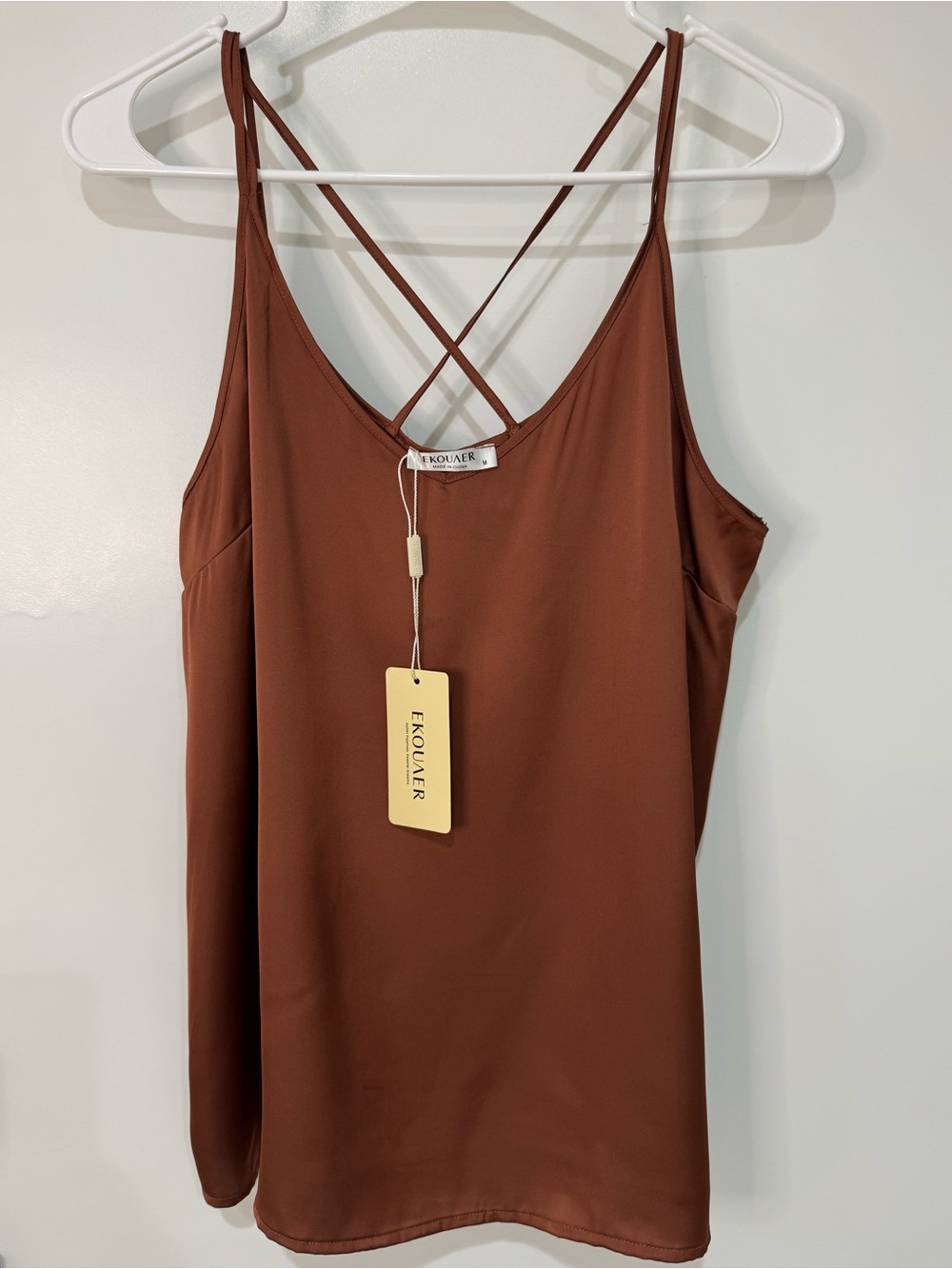 Ekouaer Brown Satin Crisscross Strap Cami